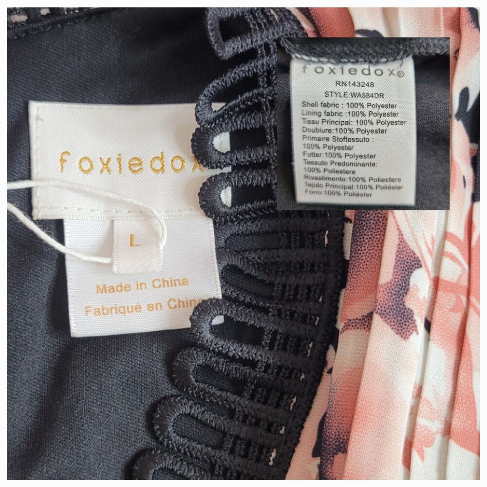 Foxiedox Pleated Floral Lace Trim Mini Dress Pink Black Size L NWT - Picture 7 of 8